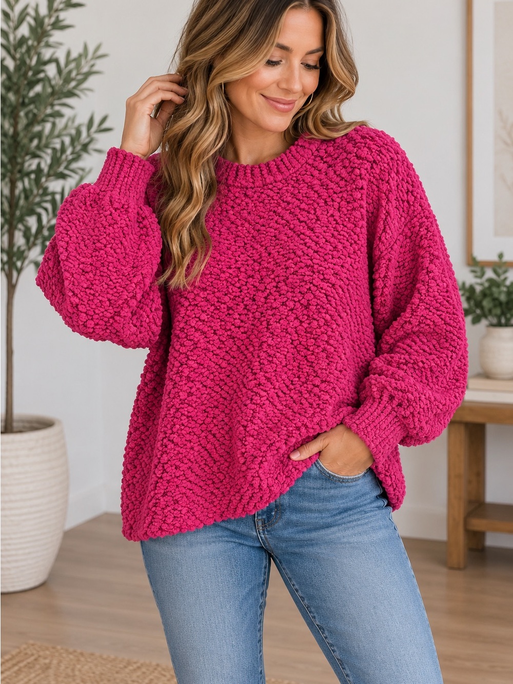 Zenana Outfitters Popcorn Knit Sweater in Hot Pink cozycore oversized dopamine